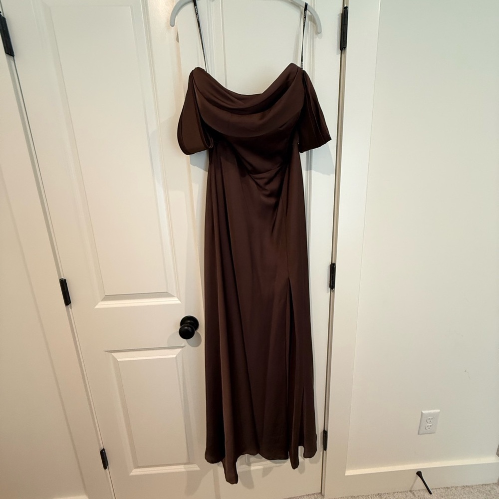 Birdy Grey Off the Shoulder Brown Draped Maxi Dress